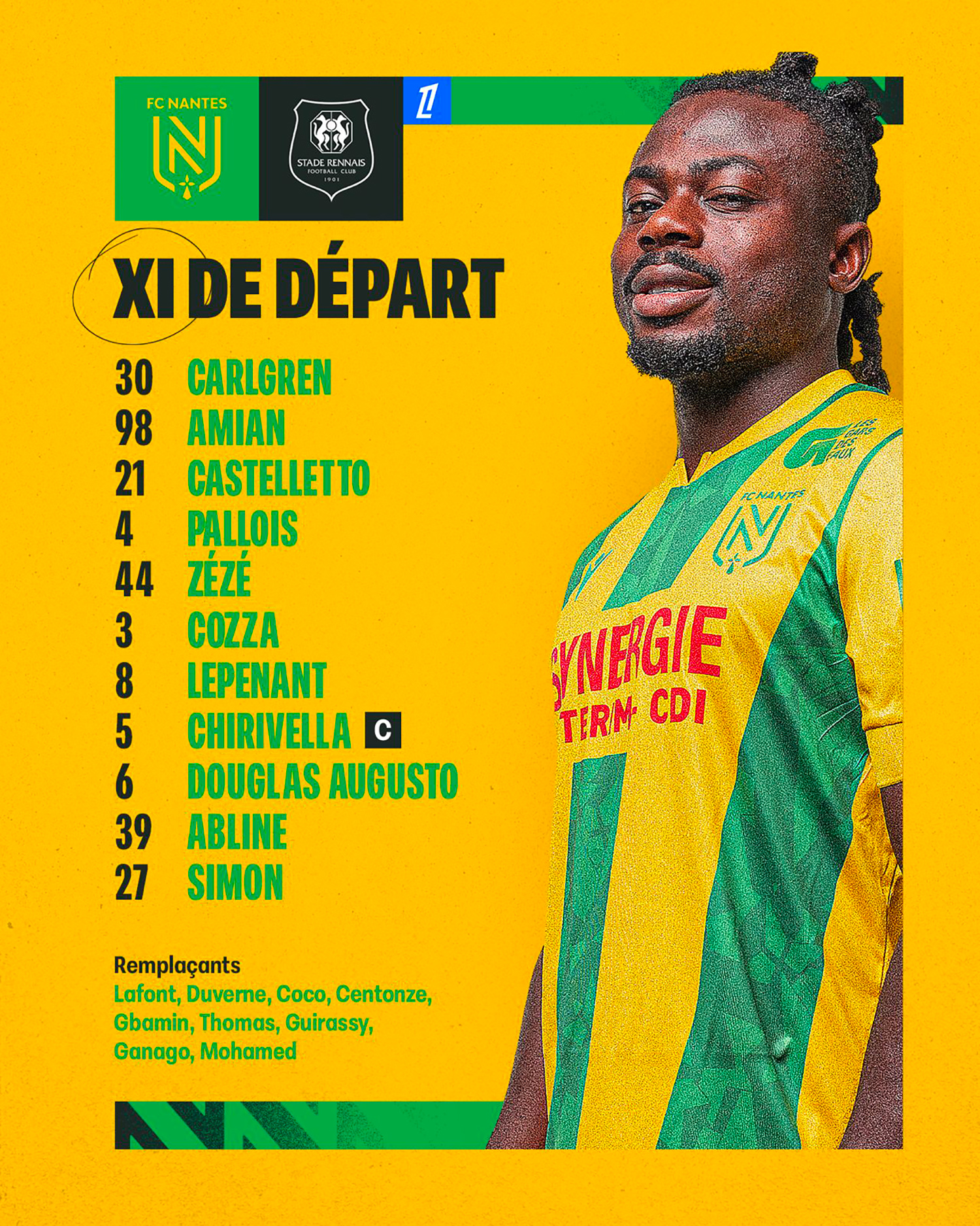 Fc Nantes Ligue La Composition Pour Fc Nantes Stade Rennais